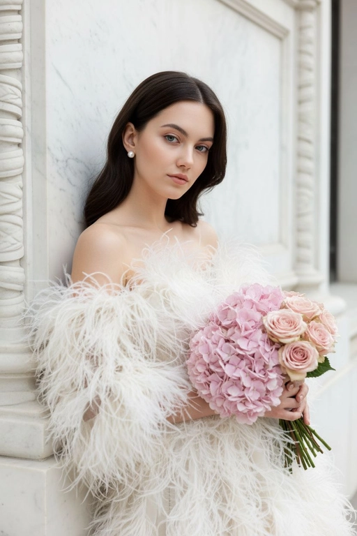 Создай крупный плечевой портрет, не меняя черты лица.Детальный крупный портрет элегантной женщины в эффектном, роскошном, модном платье. Женщина с волнистыми волосами. Одежда представляет собой объемное творение кутюр, полностью сделанное из больших, текстурированных, кремово-белых перьев, уложенного с открытыми плечами, чтобы обнажить декольте  Женщина стоит в динамичной, чувственной позе, прислонившись к белой классическому архитектурной стене. На ней серьги-гвоздики жемчужные . На заднем плане представлен грандиозный, классический интерьер/экстерьер - ярко-белая мраморная или лепная стена. Редакционное освещение, мягкое и рассеянное, подчеркивающее текстуру перьев и кожи.в руках букет. Высокое разрешение, сверхдетализация, модная фотография Букет из пудрово-розовых гортензий и роз