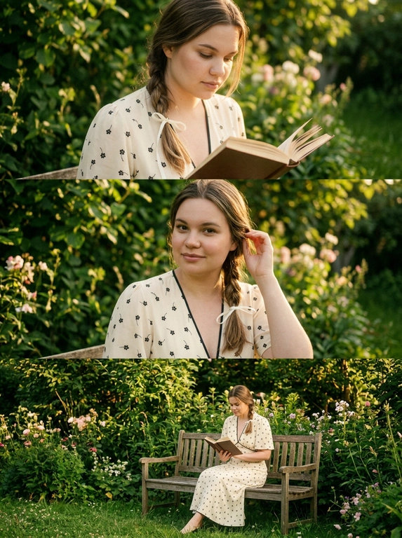 Ультрареалистичный, кинематографичный коллаж из трёх кадров с девушкой в саду. Атмосфера тёплого летнего дня, мягкий солнечный свет, проходящий через листву, лёгкие тени на траве и коже. Эстетика винтажной, уютной, почти сказочной сцены — как кадры из фильма или арт-фотосессии.

Окружение: зелёный сад, густая листва, цветы, мягкая трава, деревянная или светлая садовая скамейка. Тёплый золотистый свет (golden hour), естественные цвета, лёгкий film grain.

Одежда: на ней это платье (ссылка на фото-референс), романтичный и естественный образ.

Коллаж состоит из трёх кадров (вертикальный коллаж):

Кадр 1 (средний / ближе к крупному) - верхний:
Девушка держит открытую книгу и читает её, взгляд направлен вниз на страницы. Поза спокойная, естественная. Свет мягко падает сбоку, создавая тёплые блики. Атмосфера уединения и погружённости в момент.

Кадр 2 (средний план) - по середине:
Та же сцена и поза, девушка слегка поднимает взгляд и смотрит прямо в камеру. Взгляд спокойный, мягкий, живой. Одно рукой она поправляет волосы за ухо. Сохраняется естественность, как будто момент пойман случайно. Свет остаётся тёплым и мягким. 

Кадр 3 (дальний план) - нижний:
Широкий кадр: девушка сидит на садовой скамейке среди зелени и цветов, читает книгу. Много воздуха и пространства вокруг, сад в фокусе частично. Композиция гармоничная, ощущение тишины и уюта.

Общий стиль:
cinematic, soft natural light, golden hour, shallow depth of field (для первых кадров), wide shot (для третьего), film grain, dreamy atmosphere, vintage aesthetic, высокая детализация, 35mm / 50mm lens. 
Не меняй мою внешность.

Какая будет прическа на фото?: Волосы заплетены в раслабленную косу и завязаны тонкой белой лентой.