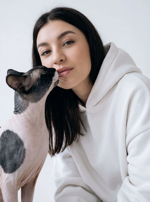   Профессиональная фэшн-фотография молодой женщины с конадским сфинксов  котом , держит в руках , в ультравысоком разрешении, возьмите за основу прилагаемую фотографию и максимально сохраните все черты лица, сохранив точные черты лица, цвет глаз, волос и тон кожи по образцу лёгкий нежный макияж , портрет крупным планом с низкий угол обзора с четким фокусом на лице и кошке, мягкое рассеянное студийное освещение, создающее приятное сияние и тонкие тени, чистый белый фон, создающий атмосферу минимализма, белая толстовка с капюшоном большого размера с мягкой текстурой ткани, длинные распущенные волосы, ниспадающие каскадом, игривое выражение лица, когда кошка целует ее, касаясь усами губ, безмятежное, уверенное настроение, пастельные тона. холодные тона с преобладанием белого и нейтральных оттенков, стиль редакционной съе...