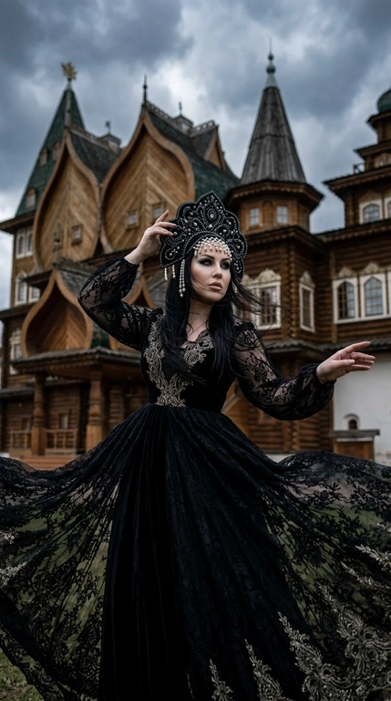Фотореалистичный кинематографичный портрет. Женщина в образе славянской княжны стоит на фоне роскошного деревянного дворца царя Алексея Михайловича в Коломенском, с богато украшенными резными фасадами, башнями, теремами, фигурными крышами и исторической русской архитектурой XVII века. Съемка с нижней точки немного снизу вверх, крупный план до колен, камера расположена на уровне талии модели. Женщина повернута корпусом на три четверти, одна рука изящно поднята к кокошнику, вторая плавно отведена в сторону, создавая ощущение движения. На ней длинное черное кружевное платье с полупрозрачными рукавами и объемной струящейся юбкой, развевающуюся ветром, роскошный черный расшитый кокошник с бисером и декоративными подвесками. Волосы развеваются ветром. Выражение лица задумчивое и немного таинственное, взгляд направлен в сторону. Макияж выразительный и драматичный: идеально ровная матовая кожа, холодный скульптурирующий контуринг, глубокие дымчатые smoky eyes в серо-черной гамме, длинные густые ресницы, четко оформленные брови, матовые нюдово-розовые губы. Пасмурное предгрозовое небо, атмосферный ветер, развевающий волосы и кружево платья. Темная кинематографичная цветокоррекция с глубокими тенями, холодными графитовыми и темно-коричневыми оттенками, приглушенной палитрой, высокой детализацией дерева, резьбы и тканей. Небольшая глубина резкости, мягкое боке, объектив 85mm, f/1.8, профессиональная fashion-съемка в эстетике dark russian fairytale, gothic princess, ultra realistic, cinematic atmosphere, high detail.