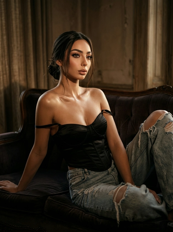 Абсолютное сохранение черт лица модели, внешность 1:1, не искажать и не менять лицо.
Общая стилистика:
Глубокий, атмосферный, интимный fashion editorial портрет с кинематографическим качеством. Изображение должно быть "moody" (настроенческим), с высоким контрастом и ощущением пленочной фотографии.
Поза и Ракурс:
Женщина в расслабленной позе полулёжа откинулась назад на винтажном бархатном диване глубокого цвета. Корпус развернут в 3/4, одна рука служит опорой за спиной, ноги согнуты в коленях и перекрещены. Ракурс камеры чуть ниже уровня глаз, создавая ощущение подглядывания. Кадрирование по бедра (3/4 роста), основной акцент на ключицы, плечи и зону декольте.
Внешность и Одежда (Без указания цвета волос):
Макияж: Акцент на длинные, разделенные черные ресницы. Мягкий скульптурирующий контуринг лица, естественный румянец. Заметный влажный хайлайт на ключицах и плечах.
Освещение и Интерьер:
Свет: Драматичное, теплое боковое освещение (как от окна на закате) служит рисующим светом, создавая глубокие тени и подчеркивая объем. Тонкий, слабый контровой свет (rim light) едва очерчивает силуэт плеч и прически, отделяя модель от фона.
Окружение: Комната в полумраке. На фоне угадываются тяжелые фактурные портьеры, старая штукатурка на стене или деревянные панели. Атмосфера будуара или старой квартиры.
Технические и Художественные Детали:
Эстетика пленочного кадра, снятого на объектив 35mm или 50mm с открытой диафрагмой (f/2.8), обеспечивающей мягкое, художественное боке на заднем плане. Изображение слегка недоэкспонировано (low key) для насыщенности теней. Цветокоррекция в тёплых, приглушённых бежево-коричневых и охристых тонах с пониженной насыщенностью холодных оттенков (зеленого и синего). Высокая детализация текстуры кожи, ткани денима и сатина, подчёркнутая легкой, естественной пленочной зернистостью и мягкой виньеткой по краям кадра.

Какая будет прическа?: Волосы собраны в небрежный низкий пучок на затылке, несколько прядей красиво обрамляют лицо и шею.

Какая будет одежда?: Черный корсет-бюстье из шелковистого сатина с приспущенными бретелями. Светлые, свободные джинсы из грубого, сильно рваного и потертого денима.