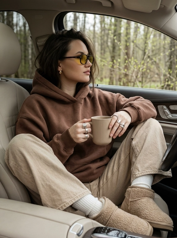 Модель сидит на переднем пассажирском сиденье элегантного автомобиля, повернувшись полубоком к камере, лицо к камере повернуто в три четверти, взгляд направлен вдаль мимо камеры, на ней огромная оверсайз плюшевая толстовка цвета молочного шоколада с капюшоном поверх широких джинсов бежевого цвета, толстые белые носки и уютные уги бежевого цвета с детализированной текстурой. У модели естественный макияж и взъерошенные волосы видны из-под капюшона. На лице надеты солнцезащитные очки в стиле ретро с жёлтыми линзами, в ушах небольшие серьги-кольца. В руках она держит матово-бежевую кофейную чашку с ребристым узором. На пальцах модели крупные серебряные кольца, на которые падает мягкий дневной свет. За окном вид на приглушённый весенний лес с зеленеющими почками на деревьях. Композиция на уровне глаз с небольшой глубиной резкости чётко фокусируется на ней и чашке, в то время как рассеянный дневной свет создаёт резкие тени и блики. Приглушённая палитра серых, чёрных, белых и древесных тонов создаёт уютное весеннее настроение в стиле минимализма благодаря модному редакторскому стилю и гиперреалистичным текстурам.