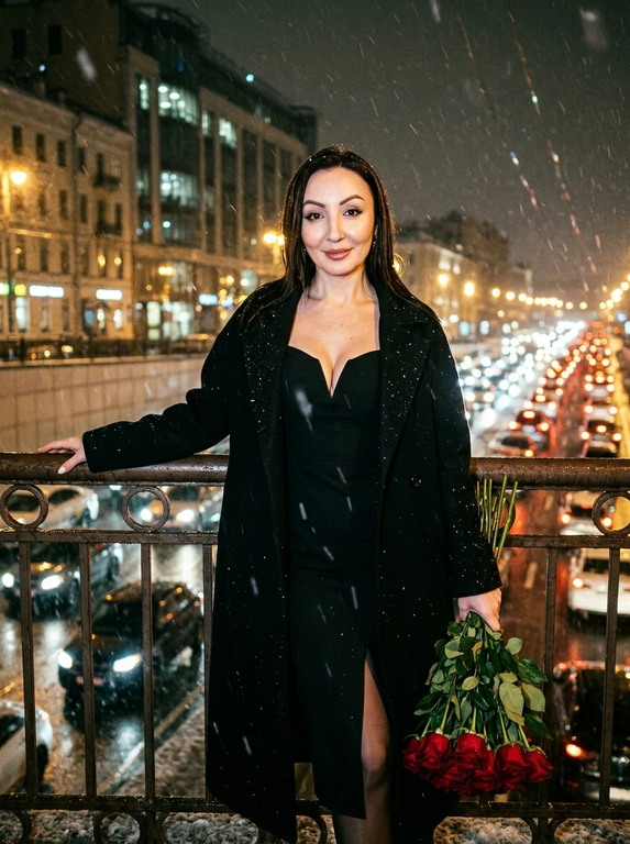 Создай портрет, не меняй черты лица. Кинематографический близкий портрет женщины. Она стоит ночью на мосту на улице, идёт снег с дождём. Женщина одета в чёрное платье с глубоким декольте и открытыми плечами, высокий разрез на ноге, платье до колена, чёрные капроновые колготки и чёрное оверсайз длинное пальто нараспашку. Безупречный макияж, нежная улыбка, взгляд направлен в камеру. Она стоит возле поручня круглого железного моста: одна рука раскинута, в другой она держит букет . Сзади ночной дождливый город с огоньками в окнах домов, внизу под мостом видно множество машин в пробке, много огней от фар. Фото со вспышкой, фото с добавлением зерна.

Какие будет цветы?: В другой руке она держит большой букет длинных красных роз
