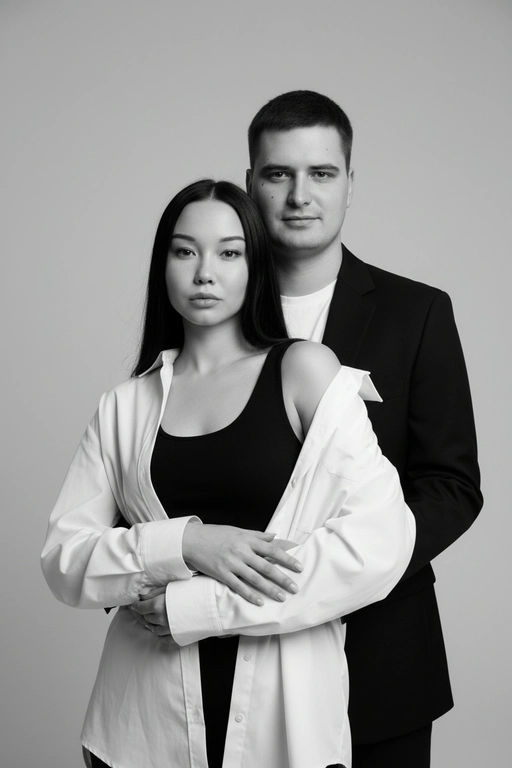 Черно-белый портрет мужчины и женщины в стиле фэшн фотосессии в фотостудии. Не изменяйте лица. Фон нейтральный, однотонный, светло-серый. Атмосфера интимная и спокойная. На переднем плане женщина. Вся композиция выполнена в приглушенной монохромной гамме со студийным освещением, которое подчеркивает текстуру кожи и одежды. Её руки лежат на груди мужчины. Мужчина обнимает женщину сзади, положив свою руку поверх её руки. Она одета в черный топ, белую оверсайз рубашку. Мужчина одет в  классическом черном пиджаке и белой футболке.