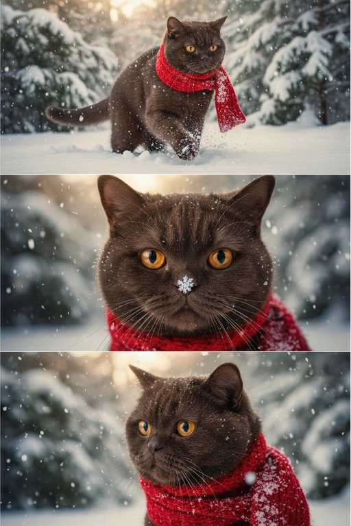     Коллаж из 3-Х фото моего питомца на зимнем фоне в снегу. Питомец в вязаном шарфе, вокруг падает снег, на заднем плане заснеженный лес.

Первый кадр — питомец в полный рост. Он играется со снегом 

Второй кадр — крупный план, увеличенный кадр мордочки питомца с одной снежинкой на носике. Мордочка питомца занимает весь кадр, взгляд прямо в камеру 
 
Третий кадр - портрет питомца, он смотрит в левую сторону. На фото виден шарф, на шарфу есть снежинки 

Три кадра объединены в вертикальный коллаж в едином тоне и свете. Атмосфера — реалистичная, теплая и немного кинематографичная.
Свет мягкий, утренний.  Цвет шарфа - красный 