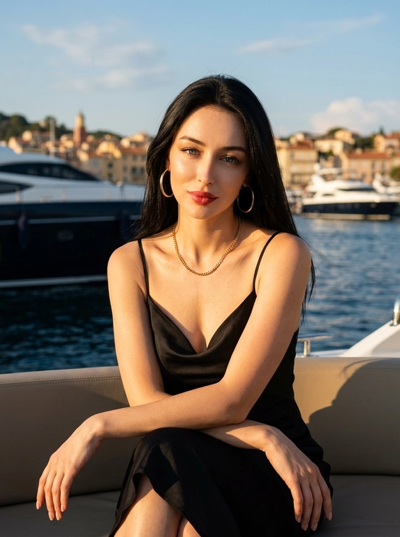 Фотореалистичное фото на яхте в золотой час. Камера: full frame, 85mm, f/2.2, ISO 100, 1/1000. Женщина сидит на яхте у воды, корпус фронтально, плечи слегка расслаблены, голова чуть поднята вверх, взгляд направлен в камеру из-под ресниц, выражение нежное, спокойное, лёгкая улыбка. Кадр по плечи.  Украшения: крупные золотистые серьги и короткая золотистая цепочка на шее. Фон: тёмно-синяя вода, яхты, светлый прибрежный город вдали, чистое голубое небо. Свет тёплый, жёсткий солнечный, средиземноморская летняя editorial-эстетика, живая детализация кожи и ткани.

Какое будет платье?: На ней платье-комбинация