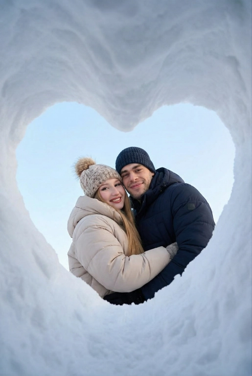 Фотография пары, снятая снизу вверх через отверстие в снегу в форме сердца. Камера находится в снежной нише, края кадра — плотный белый снег, образующий чёткое сердце. В центре кадра мужчина и женщина, прижимающиеся друг к другу, смотрят прямо в камеру.
Женщина одета в объёмный светлый пуховик, зимнюю шапку с помпоном, улыбается. Мужчина в тёмном зимнем пуховике, темной шапке, улыбается.
Фон — чистое светло-голубое зимнее небо без облаков. Естественный дневной свет, мягкие холодные оттенки, высокая детализация снега и ткани одежды. Атмосфера — уют, любовь, спонтанный зимний момент. Реалистичная фотография, без искажений лиц, фокус на людях, эффект живого кадра, как с экшн-камеры или смартфона, вертикальный формат.