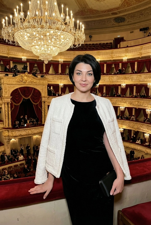 Я стою в ложе Большого театра, на рядов лож и большой хрустальной люстры. В ложах сидят люди, висят красные бархатные занавески. Камера на уровне глаз.  Съёмка выглядит как фото, сделанное на iPhone: естественный свет, лёгкое зерно, минимальная обработка, живой момент без позирования. Взгляд в камеру, легкая улыбка. Голова немного наклонена вбок. Волосы сияют, макияж естественный, губы глянцевые. Одна рука лежит на бортике ложа, во второй - маленькая черная сумочка. Приглушенный свет. На мне чёрное бархатное вечернее платье без рукавов по фигуре и белый жакет в стиле Channel. 