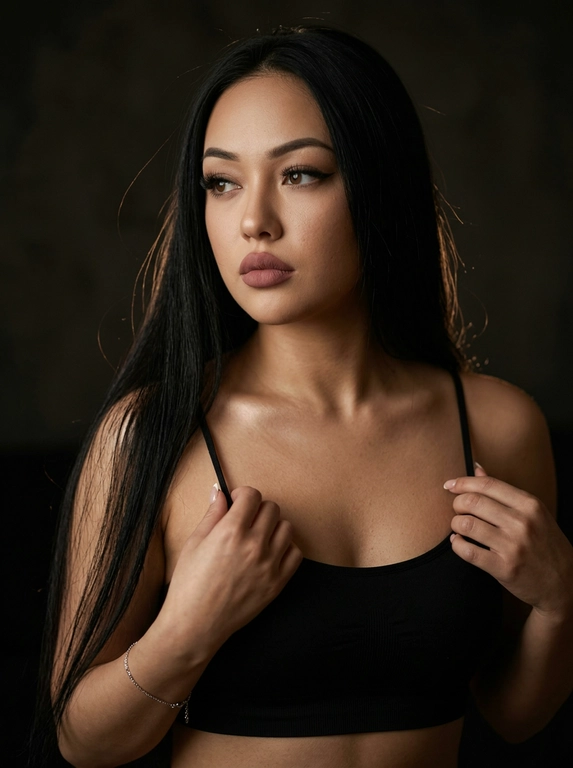Максимально реалистичная фотография в стиле moody boudoir editorial, передающая атмосферу интимности, чувственности и приглушенного драматизма.
Крупный план по пояс (waist-up shot / close-up). женщина позирует в полумраке, придерживая руками края одежды. [Поза/взгляд/эмоция]: Плечи слегка приподняты, руки с длинным светлым маникюром сжимают тонкие бретели черного топа; голова немного повернута в сторону, взгляд задумчивый и отведен в сторону; выражение лица томное, загадочное и уверенное.
Вечерний «glam» выразительные стрелки, густо накрашенные ресницы, создающие эффект «кошачьего взгляда», мягкий контуринг лица и матовая помада цвета пыльной розы.
Облегающий черный кроп-топ на очень тонких бретелях-спагетти. Материал — матовая эластичная ткань. На запястье виден изящный серебряный браслет.
Минималистичный интерьер в темных тонах. Фон однотонный, слегка текстурированный, уходящий в глубокую тень, что создает эффект камерности.
 Низкий ключ (low-key lighting). Мягкий, теплый направленный свет падает сбоку, подчеркивая рельеф ключиц, линию плеч и текстуру кожи. Глубокие, кинематографичные тени создают объем и драматичное настроение.
 85mm f/1.4, идеальное фокусное расстояние для портрета, создающее минимальные искажения и сильное размытие фона. Очень малая глубина резкости; фокус идеально наведен на глаза и лицо модели, в то время как плечи и руки уходят в мягкое расфокусирование.
Гиперреалистичная текстура кожи: видны поры, естественный блеск на выступающих частях лица и плеч. Отсутствие «пластикового» эффекта ретуши.
 текстура ткани топа под пальцами, тонкие волоски на макушке, мягкий градиент тени на стене.
Эстетика «dark feminine energy», интимная, теплая и дорогая атмосфера (expensive moody vibe).

Какая будет прическа?: Длинные прямые волосы до пояса