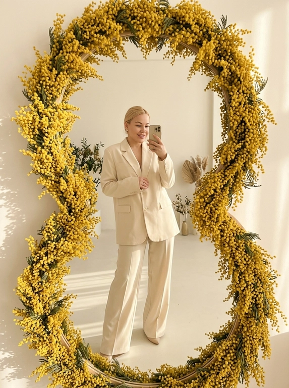 Зеркальное селфи в интерьере с мягким тёплым дневным светом. Большое зеркало в форме цифры 8 с плавными округлыми линиями занимает значительную часть кадра. Рама полностью обрамлена густыми ветвями жёлтой мимозы, пушистые цветы создают яркий солнечный контур вокруг отражения. Лёгкие тени от мимозы падают на светлую стену. Кадр в полный рост. Женщина стоит перед зеркалом в лёгком полуобороте, вес перенесён на одну ногу, силуэт вытянутый и уверенный. Телефон держится на уровне лица, частично закрывает одну сторону, но черты остаются читаемыми. Макияж — нюдовый и элегантный: ровный мягкий тон, лёгкое естественное сияние кожи, небольшие растушёванные коричневые стрелки, аккуратные ресницы. Губы с глянцевым прозрачным блеском. Маникюр аккуратный. Свет тёплый, золотистый, с мягким контрастом. Атмосфера весенняя, романтичная, но с акцентом на архитектуру силуэта. 

Какая будет одежда?: На ней надет молочный брючный костюм - широкие брюки и оверсайз блейзер.