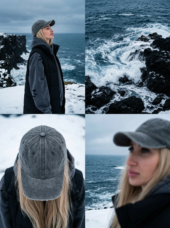 Создай коллаж из 4 фотографий одного размера, добавляя детали крупным планом. 2 кадр — это общий крупный план океана. 4 кадр — с эффектом размытия, фото немного смазано. Во всех фото разный угол съёмки и разный ракурс. 3 кадр — снят под углом сверху, крупным планом видно кепку. 1 кадр — кинематографичный средний план, профильный ракурс: персонаж стоит на краю заснеженного утёса, на человеке оверсайз выцветшее тёмно-серое худи со стильными рваными участками и капюшоном и чёрная длинная дутая жилетка с высоким воротником. На голове серая потертая кепка. Глаза закрыты, выражение спокойное и умиротворённое, персонаж вдыхает океанский воздух. На фоне — драматичные тёмные зазубренные вулканические скалы и бурные тёмно-синие океанские волны, разбивающиеся о камни, пасмурное мрачное небо, мягкое рассеянное освещение, атмосферное настроение. Холодная цветовая палитра, приглушённые тона, снято на камеру 35 мм, высокое разрешение, фотореализм, стиль тревел-фотографии, глубина резкости. -ar 9:16 -v 6.0