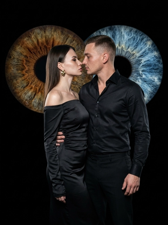Вертикальная cinematic fashion-фотография (9:16). Глубокий чёрный фон без лишних деталей.

Пара стоит максимально близко друг к другу, почти соприкасаясь лицами. Между губами остаётся всего несколько сантиметров. Корпуса слегка развёрнуты навстречу друг другу. Мужчина расположен немного позади и сбоку, одна рука естественно находится за спиной женщины, создавая ощущение близости. Женщина слегка приподнимает подбородок. Оба сохраняют напряжённый зрительный контакт. Выражения спокойные, уверенные и чувственные, без переигрывания.

Женщина одета в длинное чёрное платье из плотного матового сатина с открытыми плечами, длинными облегающими рукавами и мягкой драпировкой по линии талии. Небольшие скульптурные серьги из матового золота.

Мужчина одет в чёрную приталенную рубашку из премиального хлопка с лёгкой сатиновой фактурой, верхние две пуговицы расстёгнуты, классические чёрные брюки прямого кроя из матовой шерстяной ткани.

Позади пары расположены два больших частично перекрывающихся круга. Каждый круг является точным макроувеличением настоящей радужки одного из персонажей с загруженных референсов.

Левый круг содержит только радужку женщины.
Правый круг содержит только радужку мужчины.

Не создавать новые глаза. Не менять цвет глаз. Не объединять рисунок радужек. Не использовать случайные или декоративные текстуры.

Необходимо в точности воспроизвести:
- настоящий цвет каждой радужки;
- индивидуальный рисунок волокон;
- естественные прожилки;
- цветовые переходы;
- лимбальное кольцо;
- внутреннее кольцо вокруг зрачка;
- все уникальные особенности радужки каждого человека.

Радужки должны выглядеть как сильно увеличенные фрагменты именно их настоящих глаз, словно выполненные в режиме макросъёмки, а не как художественная иллюстрация или случайная текстура.

CRITICAL: The enlarged irises in the background MUST be extracted from the uploaded reference photos. Preserve the exact iris identity of each subject. Do not invent, replace, stylize, beautify or randomize the iris pattern. Do not generate generic irises. The left iris must exactly match the woman's real iris. The right iris must exactly match the man's real iris.

Освещение построено на сочетании мягкого контрового света и прямой вспышки. Вспышка подчёркивает лица, текстуру одежды и глаза, а контровой свет аккуратно отделяет силуэты от фона. Часть лиц остаётся в глубокой мягкой тени, создавая выразительный объём. Контраст высокий, но детали в тенях сохранены.

Цветокоррекция: глубокие чёрные оттенки, мягкие серебристые блики, лёгкий холодный cinematic grade, натуральные оттенки кожи. Тонкое плёночное зерно, высокая детализация кожи, естественные поры, без пластиковой ретуши, без CGI, luxury fashion editorial, cinematic portrait, flash photography, shallow depth of field, photorealistic, ultra realistic, no AI look, no text, no watermark.
