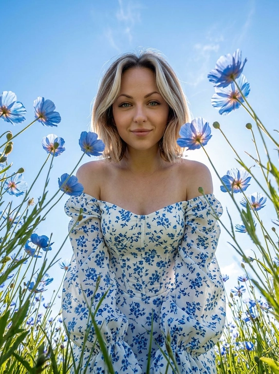 Создай портрет, не меняя черты лица. Экстремальный нижний ракурс (взгляд «из травы»), направленный вертикально вверх на женщину. Цветы тянутся к центру, свет проходит сквозь лепестки (эффект подповерхностного рассеивания). Женщина в белом корсетном топе с длинными рукавами-фонариками и открытыми плечами. Весь корсетный топ — в мелких голубых цветочках. На лице нежная улыбка. Акцент на деталях и коже: кожа детализированная. ISO 100 для отсутствия шумов, выдержка 1/2000 сек. Стиль National Geographic, мода. Гиперреализм, разрешение 8K.


Какие будут цветы?: Она окружена луговыми полевыми голубыми цветами — видны зелёные стебли. голубого цвета, слегка напоминают маки.