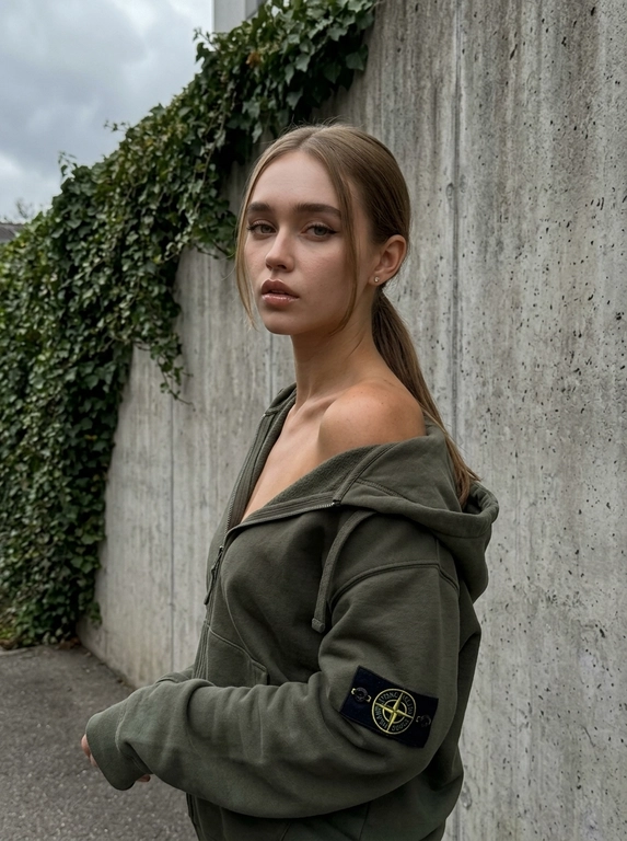 Девушка в luxury streetwear у бетонной стены с плющом