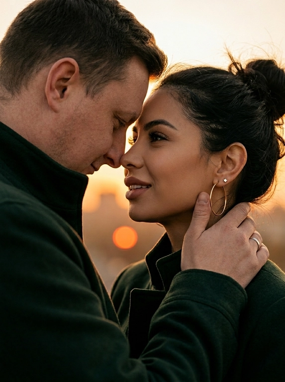 A man and a woman stand close together, their foreheads touching, their noses almost touching. The man is on the left, facing the camera in profile, with his head tilted down. The woman is on the right, her head tilted back toward the man, her face three-quarters to the camera, her lips slightly parted in a smile. The woman's hand is clasped behind the man's head, her palm resting on the back of his head. The close-up is from shoulder to crown, with the camera angled at face level.

The woman's skin appears perfectly even and matte. Her makeup is natural—lightly shaded eyeshadow in neutral tones, long eyelashes, and nude lipstick with a matte finish. She wears gold earrings: a thin, medium-sized hoop hoop and a small star-shaped stud.

She also wears a thin silver ring.

The woman's hair is pulled back into a loose bun, with strands falling around her face.

The man is wearing a dark green (#1C3830) jacket made of a dense matte fabric with a stand-up collar.

The woman is wearing a dark green (#1C3830) jacket made of a dense matte fabric of a similar tone.

In the background is a blurred cityscape in warm golden-orange tones (#D4956A) with a pronounced round bokeh from a point light source of a rich orange-red (#E85C30) color in the center of the frame.

The lighting is natural, evening, with warm lateral sunset light coming from the right, creating a soft golden glow on the skin and hair. The left side of the faces is in shadow. The contrast is moderately high, the shadows are deep, retaining detail. The highlights on the skin are warm and subdued.

Shot with an 85mm lens, shallow depth of field, with sharp focus on the woman's face. The background is completely blurred into a soft bokeh. Detailed skin texture, jacket fabric, and jewelry details are highly visible. Cinematic outdoor couple close-up photography, highly detailed, photorealistic.

Moody cinematic sunset couple mood,
dominant deep teal green and warm orange tones,
medium saturation with warm orange accent bokeh,
soft warm side lighting from setting sun,
deep shadows on unlit sides of faces,
moderate to high contrast with preserved shadow detail,
warm golden skin tones,
strong circular orange bokeh in the background,
slight film-like softness with fine grain,
cinematic editorial color grading.