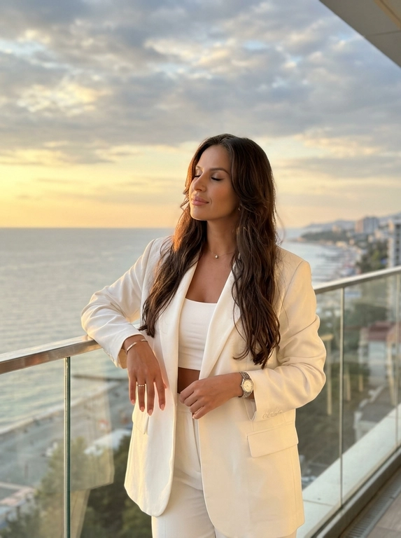 ultra realistic luxury sunset portrait of a woman standing on a balcony with ocean view,  candid instagram aesthetic, taken on iPhone 16 Pro Max. woman standing relaxed near glass railing, body slightly turned sideways, one arm resting on railing, eyes closed enjoying warm sunlight, elegant feminine posture.
outfit: oversized black blazer, fitted white crop top, elegant black trousers, luxury minimal jewelry and watch, classy old money aesthetic.
makeup: soft glam makeup with glowing bronzed skin, natural contour, sharp brows, long lashes, realistic skin texture and warm sunlight highlights.
lighting: warm golden hour sunlight, cinematic sunset glow, realistic natural shadows, soft highlights on hair and skin, luxury evening atmosphere.
background: ocean view, soft cloudy sunset sky, blurred city coastline and road below, cinematic depth, warm dreamy aesthetic.
camera: realistic iphone portrait shot, 50mm lens look, shallow depth of field, focus on woman with softly blurred background.
important: ultra realistic iphone photography, candid luxury influencer vibe, cinematic rich girl aesthetic, natural body proportions, realistic skin texture, film look, no overprocessed ai skin.

Какая будет прическа? : Не менять мою прическу

Доп. характеристики: Костюм белый, топ белый