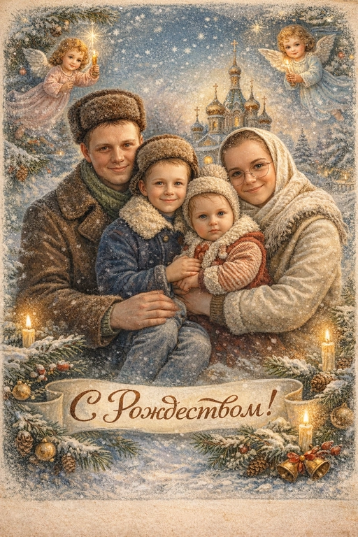 Создай винтажную рождественскую открытку со всеми людьми или одним человеком из предоставленных фотографий. Стиль - советские сказочные открытки 1950-1970-х годов, мягкая живописная иллюстрация, ощущение тепла и уюта. Композиция и формат: • Персонажи остаются в центре композиции • Фон - православная церковь, зимняя сказочная атмосфера Лица: • Лица сохранить максимально похожими на оригинальную фотографию (one-to-one likeness) • Без изменения черт лица, возраста и эмоций • Реалистичное сходство, аккуратная художественная стилизация без искажений. Одежда и образы: • Заменить современную одежду на старинную зимнюю советскую одежду. Если человек- женского пола , то добавь белый платок на голову. ⁠ Декор и детали:  • Хвойные ветки • ангелочки в сказочном стиле, церковные свечки • Лёгкий снег, морозные узоры Цвет и атмосфера: • Светлая, зимняя, мягкая цветовая палитра • Пастельные оттенки, эффект старой бумаги, легкое зерно • Сказочное, теплое новогоднее настроение  • Шрифт - изящный, рукописный, сказочный, в стиле советских открыток. Надпись: «С Рождеством!»