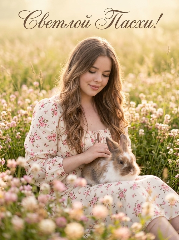 Фотореалистичная fashion editorial фотография в мягком кинематографичном ключе, оформленная как красивая пасхальная открытка. 
Модель сидит в цветущем летнем лугу по пояс в траве, корпус слегка повернут в 3/4, голова нежно наклонена; на её коленях расположен кролик, она мягко гладит его обеими руками, кролик удобно устроился, его пушистая шерсть хорошо читается, одно ухо приподнято.
Кадр вертикальный, средний план (от талии, бедер до макушки) камера на уровне глаз или чуть ниже, лёгкий наклон вверх, центральная композиция с мягким смещением героини влево. Передний план заполнен размытыми розовыми цветами, создающими воздушное боке и глубину.
Объектив портретный 50-85 мм (полнокадровый экв) натуральная перспектива без широкоугольных искажений; малая, средняя глубина резкости, точный фокус на лице и кролике, фон плавно размывается, передние цветы сильно размыты.
Освещение естественное дневное «golden hour», мягкое солнце, тёплый ключевой свет сбоку и немного сверху, нежные тени без жёстких контрастов, лёгкий контровой свет подсвечивает контуры и создаёт тонкий ореол на волосах и кроличьей шерсти, мягкие блики на коже и ткани.
Цветовая палитра пастельная и воздушная: небесно-голубое небо, свежая зелень, розово-персиковые и кремовые оттенки цветов и платья, лёгкая тёплая тонировка, чистые светлые хайлайты, умеренная насыщенность, лёгкий film look с тонким матовым эффектом в тенях и аккуратным зерном.
Выражение спокойное и мечтательное, губы расслаблены, ощущение нежности и умиротворения.
Одежда: лёгкое романтичное платье в стиле cottage core, светлая ткань с нежным розовым цветочным принтом, объёмные рукава, мягкие складки и драпировка.
Окружение: густой луг с множеством мелких розовых и белых полевых цветов, высокая трава, голубое небо с мягкими облаками, лёгкое движение травы и волос от летнего ветерка.
В верхней части кадра размещена элегантная каллиграфическая надпись на русском: аккуратный праздничный шрифт, гармонично вписанный в композицию.

Какая будет надпись?: В верхней части кадра размещена элегантная каллиграфическая надпись на русском: "Счастливой пасхи!" аккуратный праздничный шрифт, гармонично вписанный в композицию.