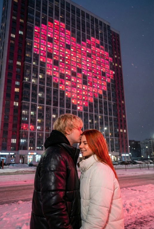  Создай не меняя черты лица. Романтический снимок пары, стоящей на заснеженной городской улице поздним вечером. Главный объект – крупный план пары: мужчина в черной кожаной дутой зимней куртке нежно целует женщину в белой дутой куртке в лоб, она стоит с прикрытыми глазами, улыбаясь. За ними возвышается массивный современный жилой небоскреб, на фасаде которого окна на нескольких этажах подсвечены ярким  светом, формируя огромное пиксельное сердце. Освещение драматичное, контрастное, с преобладанием холодных тонов в небе и тёплого, неонового розового свечения от здания. Снег на земле отражает свет. Урбанистическая, зимняя, кинематографическая фотография, атмосферный кадр.