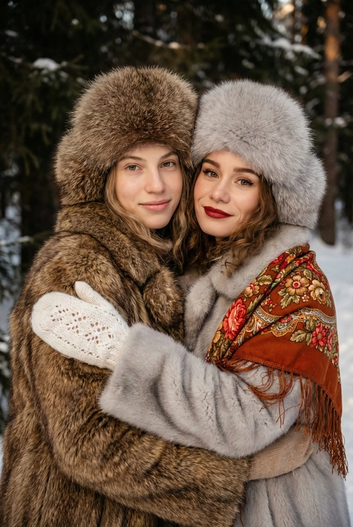 Создай кадр, который представляет собой теплый, уютный, слегка ностальгический зимний портрет в фэшн/фолк-стиле. Атмосфера спокойная, элегантная, дружеская близость двух моделей; сочетание высокой моды (мех, профессиональная ретушь) и фольклорной эстетики (вышитый шарф). Композиция и позирование: Форма кадра: портретный, вертикальный (соотношение примерно 3:4). Расположение: две женщины в центре кадра, тела и головы видны на груди; правая модель немного ближе к камере. Позы: девушки стоят близко друг к другу, левая модель слегка опирается на правую; плечи слегка повернуты к камере. Взаимодействие: мягкая улыбка, закрытое выражение лица, взгляд в камеру; дружелюбный, уверенный тон. Лица и макияж: Кожа: гладкая, естественная текстура, легкий эффект сияния. Глаза: аккуратные блики – оживляют взгляд; нейтральный/теплый макияж теней. Брови: естественная форма, слегка очерчены. Губы: у правой модели насыщенный матовый красный (центральный акцент), у левой – нежно-розовый нюдовый. Волосы: свободные пряди вокруг лица, несколько прядей с легкой волной для естественности. Шапки: большие пушистые меховые шапки с очень четко выраженной текстурой меха; справа – светло-серый мех, слева – коричневый мех. Форма: высокие, округлые, плотно сидят на голове, частично закрывают лоб – создают силуэт и рамку для лица. Верхняя одежда и текстуры: меховые пальто: густой натуральный мех у левой модели коричневый, у правой модели – светло-серый тон с видимым направлением волосков; богатая текстура и объем. У девушки справа на правом плече маленький платок с традиционным русским орнаментом – яркие цветы и листья, на фоне глубокого красного цвета с золотисто-терракотовыми, зелеными деталями; Тонкая бахрома ниспадает на ее плечо. У девушки слева на левом плече небольшой вязаный белый шарф с крупным ажурным узором, что добавляет контраста в текстуре и цвете. Окружение и фон: Лес: темные хвойные деревья, вертикальные силуэты стволов; снег на земле/вдали — размытый фон (боке).