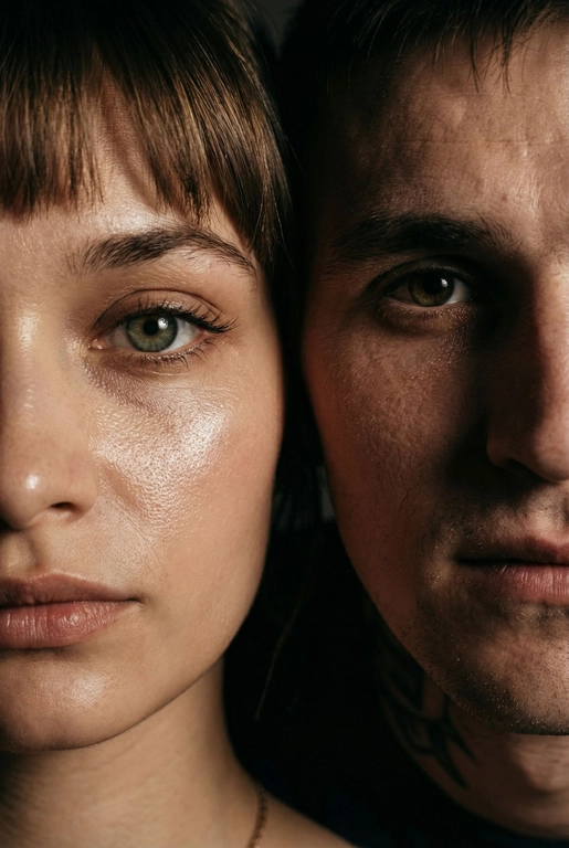   создай портрет, не меняя черты лица. Крупный план (extreme close-up) двух лиц людей, их лица прижатых друг к другу. Видны только половины каждого лица.
Драматичное освещение в стиле чиароскуро, глубокие тени.
Невероятная детализация кожи: видны поры, текстура, естественный блеск у женщины.
Выразительный взгляд прямо в камеру. Высокое разрешение, макросъемка, профессиональное студийное фото, 8K.