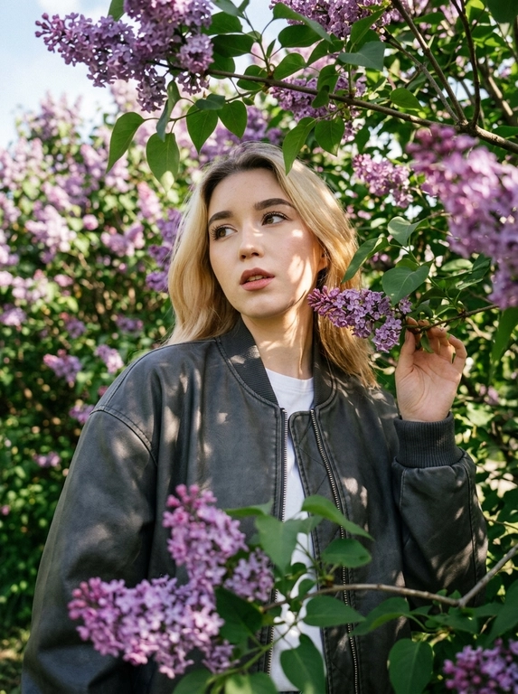 Профессиональный реалистичный fashion-снимок в цветущем саду, снятый как живой случайный кадр на камеру с умеренно широкоугольным светосильным объективом, низкая точка съёмки.
 Голова слегка наклонена, взгляд направлен в сторону, не в камеру, губы чуть приоткрыты. Макияж лёгкий и натуральный: аккуратные ресницы, губы оттенка пыльная роза, естественная текстура кожи, видимые поры, без чрезмерной ретуши.

Тёмно-антрацитовая куртка-бомбер оверсайз, матовая кожа или экокожа, молния по центру, под ней белый топ или футболка.
Низ не виден.
Одна рука вытянута в сторону и естественно касается ветки сирени.

Кадр снят снизу вверх, low angle, портретная ориентация. Модель визуально возвышается над камерой, но поза выглядит естественно, без постановочной идеальности. Передний план — ветки цветущей сирени в мягком размытом боке, лиловые соцветия и зелёные листья частично обрамляют кадр с обеих сторон и снизу. Некоторые ветки слегка перекрывают край кадра, создавая ощущение случайного живого снимка. За моделью — густые заросли цветущей сирени, зелёная листва, пятна солнечного света пробиваются сквозь ветки.

Свет яркий дневной солнечный с естественным пятнистым рисунком: солнце пробивается сквозь листву, создавая неровные пятна света и тени на лице, волосах и куртке. На щеке и волосах заметно мягкое световое пятно, волосы подсвечены тёплым контровым светом. Баланс белого нейтральный, слегка тёплый. Цветокоррекция натуральная: лёгкий контраст, чуть затемнённые тени, мягкое зерно, естественные зелёные и лиловые оттенки без чрезмерной насыщенности.

Общее ощущение — атмосферный весенний editorial, снятый сквозь цветущие ветки с эффектом подглядывания и глубины. Тёмная кожаная куртка контрастирует с нежной лиловой сиренью, пятнистый солнечный свет добавляет живости и настроения. Фотореализм, raw editorial photo look, natural imperfections, realistic skin texture, лёгкое зерно, естественный фокус, без ИИ-пластика, без кукольного лица, без идеальной симметрии, без CGI, без чрезмерно гладкой кожи.