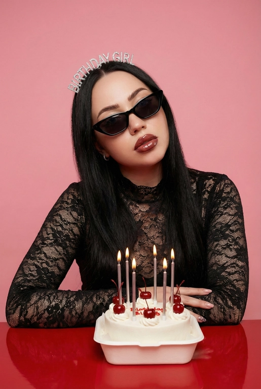 Стильная fashion-фотосессия в студии с розовым фоном. Женщина сидит за красным столом, перед ней белый маленький бенто-торт с вишенками.  На торте тонкие серебристые зажженые свечки. Она в чёрном кружевном топе с длинными рукавами. На голове диадема с надписью “Birthday Girl”, на глазах чёрные узкие солнцезащитные очки. Макияж глянцевый, акцент на губах, чёткий контур, ухоженная кожа.
Женщина слегка наклонила голову в сторону, смотрит в камеру. Настроение кадра — дерзкий день рождения, fashion editorial, ironic glamour. Мягкий студийный свет, ровное освещение без жёстких теней, высокая детализация кожи, чистая композиция. Крупный план / средний план, фокус на лице, без искажений. Профессиональная фотосъёмка, модная журнальная эстетика.