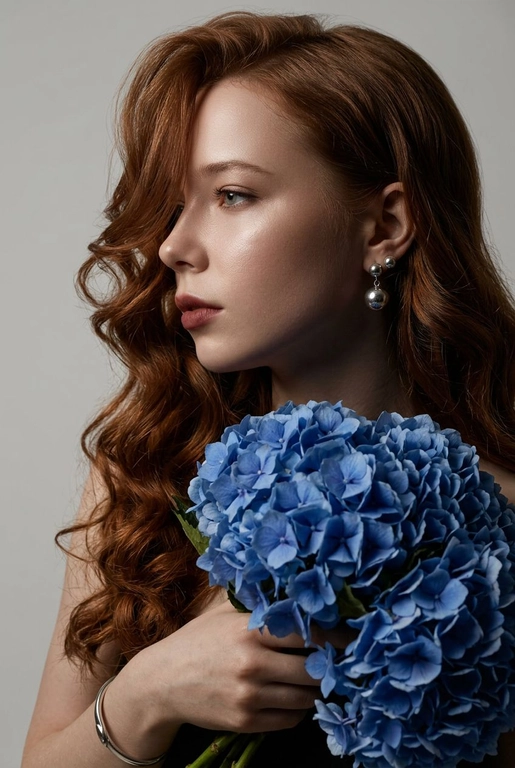 Создайте ультрареалистичный портрет, не меняя черты лица, крупным планом 3/4, с мягкой, освещённой кожей, атласной отделкой и естественным блеском, где женщина изображена в профиле. Спокойное и чувственное выражение лица, губы слегка полуоткрыты. Она носит серебряные серьги-шары и простой серебряный браслет на запястье.
Фон нейтральный, в светло-сером тоне, с тёмным, целенаправленным низким угловым освещением, которое подчёркивает контур лица, текстуру кожи и объём волос. Стиль редактирования — высокая мода, чёткий фокус 8K, реалистичная текстура, изысканная и элегантная атмосфера.


Длинные волнистые волосы покрывают часть лица объёмными локонами, выпадающими на лицо и плечо. 

Цветы: Держит в руках огромный букет голубых гортензий