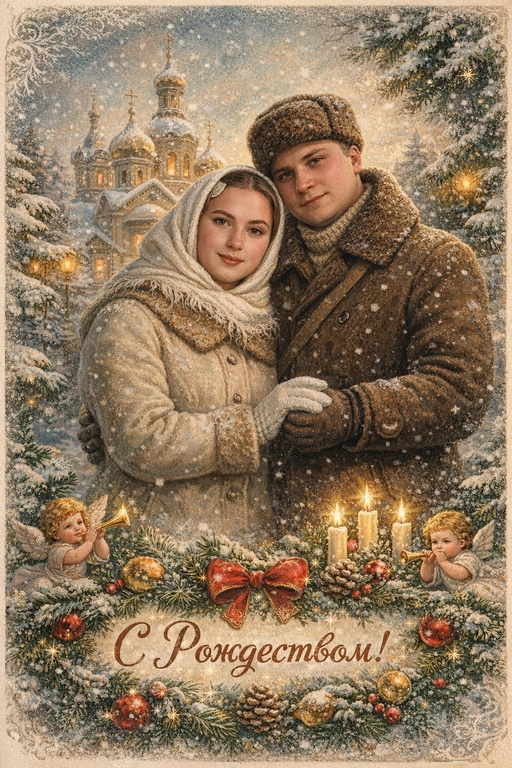 Создай винтажную рождественскую открытку со всеми людьми или одним человеком из предоставленных фотографий. Стиль - советские сказочные открытки 1950-1970-х годов, мягкая живописная иллюстрация, ощущение тепла и уюта. Композиция и формат: • Персонажи остаются в центре композиции • Фон - православная церковь, зимняя сказочная атмосфера Лица: • Лица сохранить максимально похожими на оригинальную фотографию (one-to-one likeness) • Без изменения черт лица, возраста и эмоций • Реалистичное сходство, аккуратная художественная стилизация без искажений. Одежда и образы: • Заменить современную одежду на старинную зимнюю советскую одежду. Если человек- женского пола , то добавь белый платок на голову. ⁠ Декор и детали:  • Хвойные ветки • ангелочки в сказочном стиле, церковные свечки • Лёгкий снег, морозные узоры Цвет и атмосфера: • Светлая, зимняя, мягкая цветовая палитра • Пастельные оттенки, эффект старой бумаги, легкое зерно • Сказочное, теплое новогоднее настроение  • Шрифт - изящный, рукописный, сказочный, в стиле советских открыток. Надпись: «С Рождеством!»