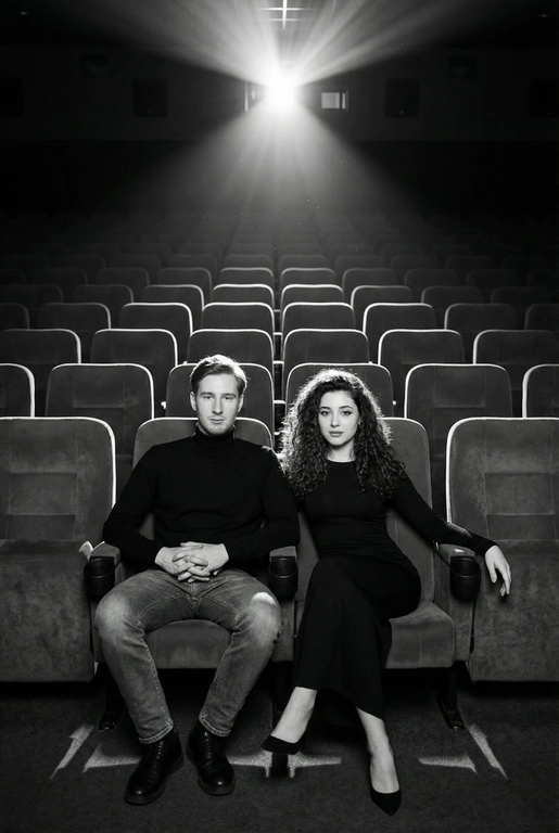  Кинематографичный чёрно-белый портрет пары в пустом кинозале.
Женщина и мужчина сидят рядом в мягких креслах кинотеатра.
кадр с глубоким пространством и пустыми рядами кресел позади них. Женщина черном длинном обтягивающем платье, поза женственная и спокойная, одна рука на подлокотнике.
Мужчина в черном свитере и в джинсах, сидит расслабленно.
Над ними яркий луч проектора, и выразительные блики.