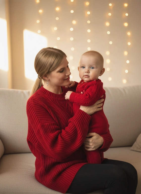 Теплая семейная рождественская фотография — девушка с фото в красном свитере оверсайз, черных лосинах сидит на светлом диване и нежно держит малыша с фото в красном вязаном комбинезоне. Композиция: полупрофильный кадр по пояс, акцент на руках и текстуре вязаных вещей, лёгкий наклон камеры сверху для интимного ощущения. Освещение: мягкий боковой дневной свет от окна + тёплые гирлянды на заднем плане, создающие крупное боке; баланс белого тёплый (ок. 3000–4000K). Оборудование и параметры: объектив 50mm или 85mm, диафрагма f/1.8–f/2.8 для узкой глубины резкости, выдержка 1/125–1/250 с, ISO 200–400. Стилистика и цвет: минимализм в натуральных кремово-бежевых тонах, мягкая контрастность, тёплые полутени; текстуры вязаных тканей должны быть детализированы. Постобработка: лёгкая теплая коррекция ...
