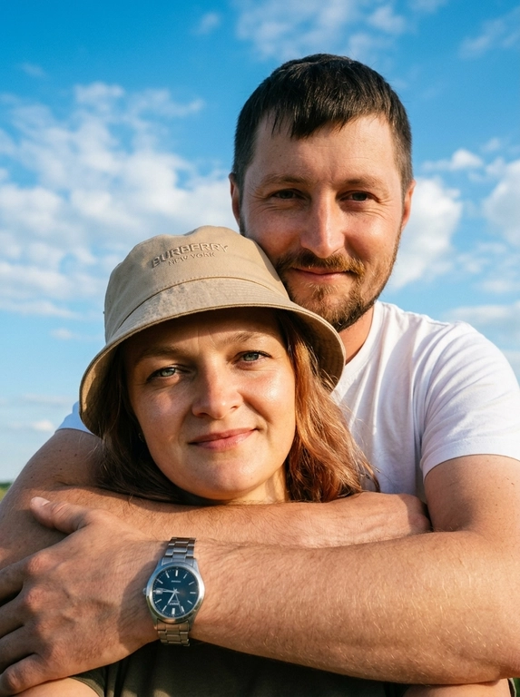 Кинематографичный кадр крупным планом (selfie style), пара в объятиях (классическое "обнимашки сзади") на фоне ярко-голубого неба с облаками.  Женщина на ней бежевая панама с брендовой надписью. Её кожа выглядит сияющей, подсвеченной мягким естественным солнечным светом. Выражение лица спокойное, глубокий взгляд, направленный прямо в камеру. Мужчина стоит строго позади девушки и обнимает её сзади, одна его рука обнимает её за плечи/шею спереди — предплечье лежит поперёк её ключиц, кисть свободно свисает с её плеча, на запястье классические серебряные часы с черным циферблатом. Мужчина в белой футболке, выражение лица доброжелательное, его взгляд прямо в объектив. Ракурс сверху, камера сфокусирована на лице девушки. Высокий контраст, насыщенные цвета, мягкая прорисовка деталей кожи. Эффект пленочной фотографии, легкое зерно, атмосфера летнего дня, эстетика социальных сетей. Телефона не видно в кадре.