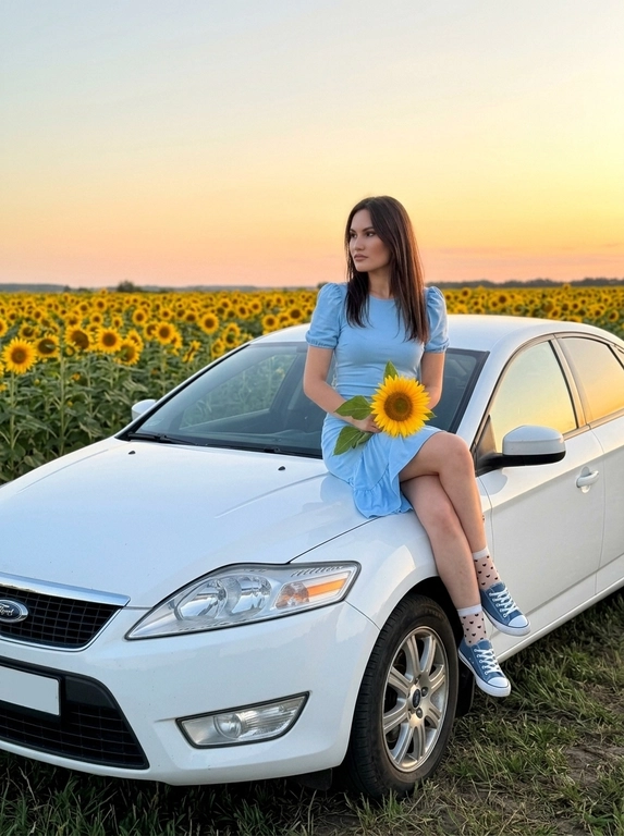 Реалистичное фото модели, сидящей на капоте черного автомобиля на фоне поля подсолнухов во время заката. Она одета в голубое облегающее платье с короткими рукавами и оборкой внизу. На ногах белые прозрачные носки с принтом черных сердечек и голубые кроссовки. Она сидит боком, одна нога согнута в колене и поднята, другая опущена вниз, одна рука опирается на капот автомобиля. На колене она держит большой яркий подсолнух с зеленым листом. Лицо в профиль, взгляд направлен в сторону, выражение спокойное и задумчивое. макияж естественный. На фоне бескрайнее поле цветущих подсолнухов и небо с градиентом от голубого к теплому оранжево-розовому на горизонте. Мягкий свет заката. Качество снимка как у iPhone 15 — лёгкий цифровой шум, мягкая резкость, лёгкая зернистость, придавая живой стиль реалистичного случайного снимка из соцсетей.

Какая будет машина?: Белый форд мондео