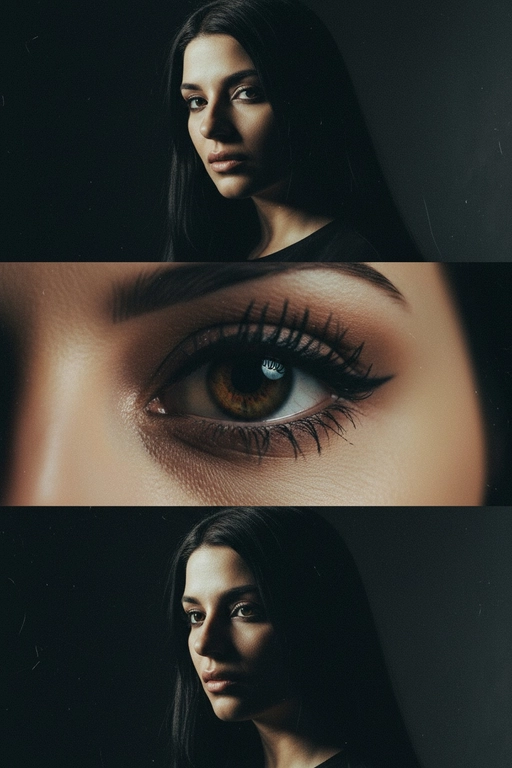 Создай коллаже из 3-х кадров на основе внешности человека на фото. Верхний кадр: человек смотрит в камеру с лёгким наклоном головы. Один глаз в свете, другой в тени — эффект таинственности. Чёрная одежда усиливает драму. Тёмный фон с мягким светом , подчёркивает лицо. 
Центральный кадр (глаз): крупный супер чёткий план её глаза - ресницы, радужка, отражения. Взгляд прямой и глубокий. Фон полностью чёрный. 
Нижний кадр: интенсивный уверенный взгляд человека влево, голова тоже повернута влево. Чёрная одежда, тёмный фон. Жесткий боковой свет, подчёркивающий контуры лица и создающий драматичные тени. Стиль: raw, винтажная плёночная зернистость, драматизм.