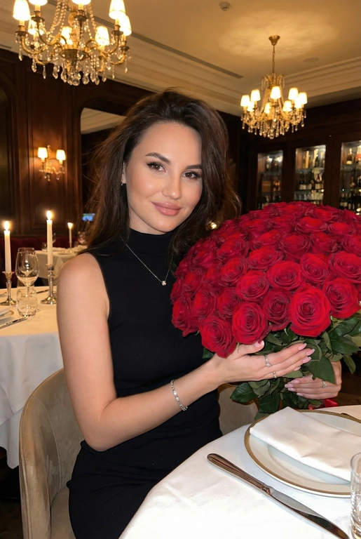 Женщина в дорогом ресторане сидит за сервированным столиком. Не меняй внешность, цвет волос и стрижку. Темное фото, теплые огни. В руках у нее огромный букет из 51 красной розы. Спонтанное фото в движении, немного смазано. Гламурный, но естественный макияж, серебряный браслет на руке, кольца, нежный маникюр. На шее тонкая серебряная цепочка и маленький кулон. Она смотрит в камеру, легкая улыбка. Она одета в черное платье без рукавов с высоким воротником