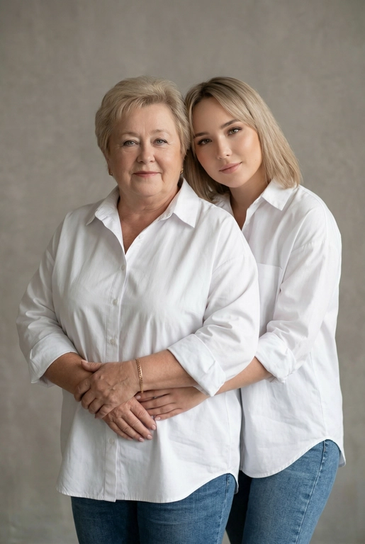 Используй эти два фото мамы и дочери и создай для них студийный портрет в чистом и элегантном стиле. Они стоят рядом, очень близко друг к другу. Дочь мягко обнимает маму за руку и слегка к ней прижимается со спины. Мама сложила руки перед грудью. Образ минималистичный, современный и стильный. На руке у матери тонкий золотой браслет. Профессиональный макияж и прическа.  Не менять черты лица ни на 1 процент. Фон — нейтральный серый с мягкой текстурой. Освещение рассеянное, мягкое, подчёркивающее естественные тона кожи. Атмосфера тёплая, нежная и спокойная, в стиле журнальной съёмки.

Обе в свободных стильных белых рубашках с подвернутыми рукавами и джинсах.
