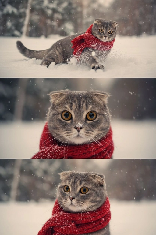     Коллаж из 3-Х фото моего питомца на зимнем фоне в снегу. Питомец в вязаном шарфе, вокруг падает снег, на заднем плане заснеженный лес.

Первый кадр — питомец в полный рост. Он играется со снегом 

Второй кадр — крупный план, увеличенный кадр мордочки питомца с одной снежинкой на носике. Мордочка питомца занимает весь кадр, взгляд прямо в камеру 
 
Третий кадр - портрет питомца, он смотрит в левую сторону. На фото виден шарф, на шарфу есть снежинки 

Три кадра объединены в вертикальный коллаж в едином тоне и свете. Атмосфера — реалистичная, теплая и немного кинематографичная.
Свет мягкий, утренний.  Цвет шарфа - красный 