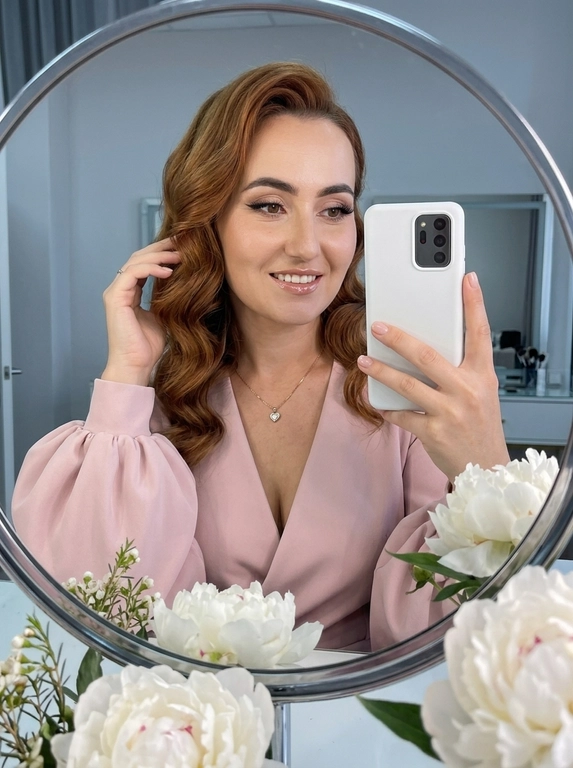 Максимально реалистичное селфи в зеркале в эстетике luxury soft glam. Модель стоит перед круглым зеркалом с изящной рамой, украшенной белыми живыми пионами. Цветы обрамляют зеркало нежно и дорого, создавая ощущение утончённого, премиального кадра. Композиция чистая и визуально собранная: модель находится в центре отражения, кадр выглядит эстетично, дорого и современно.

Поза естественная и уверенная: одной рукой модель держит современный смартфон, второй рукой слегка касается волос, создавая живой и непринуждённый жест. Селфи выглядит не постановочным, а как красивый спонтанный кадр из дорогой life-style съёмки.

Макияж — выразительный soft glam: чёткие чёрные стрелки, длинные пышные ресницы с лисьим эффектом, внутренние уголки глаз подсвечены сияющими тенями. Кожа ровная, ухоженная, с мягким влажным сиянием. Губы подчёркнуты карандашом и покрыты полупрозрачным глянцевым блеском, создающим аккуратный объём.

На модели ее образ выглядит женственно, современно и дорого. 

Смартфон современный, в минималистичном белом матовом чехле. Если нужен более дорогой вайб, без лишнего декора и ярких деталей.

Освещение холодное, мягкое и чистое, как в дорогой beauty-съёмке или premium dressing room. Свет красиво подчеркивает сияние кожи, текстуру ткани, свежесть пионов и блеск украшения. Атмосфера — роскошная, женственная, ухоженная, без дешёвого глянца.

Фотореализм максимальный: высокая детализация кожи, ткани, цветов, аксессуаров и отражения в зеркале. Лёгкий цифровой шум, мягкая резкость, деликатная зернистость, естественная глубина кадра, высокая контрастность, эффект живого фото, без CGI и без искусственного AI-эффекта.

Какая будет прическ?: крупные голливудские волны, мягкий блеск волос, аккуратная укладка на одну сторону.

Какой будет образ на фото? : Элегантный пудрово-розовый жакет с акцентными рукавами-фонариками и глубоким V-образным вырезом. На шее — тонкая изящная цепочка с ювелирным кулоном в форме сердца.