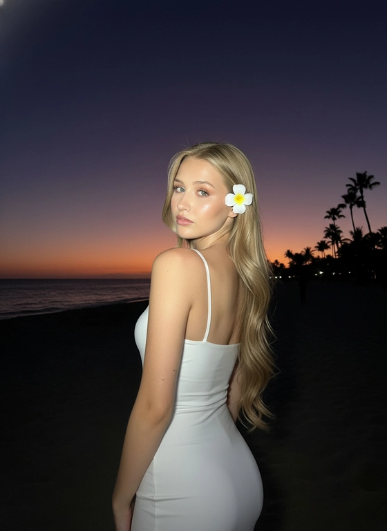 Сделай фото, будто я на пляже, где темно, но кто-то сфотографировал меня со вспышкой, и мое лицо немного блестит и светится, заднем плане закат, как будто солнце село на 98%, оставив фиолетовый оттенок, и само по себе почти темно. Фото сделано из-за моей спины, как будто  мне сказали, повернуться. Я в белом облегающем платье с цветком, заправленным в волосы. Волосы должны развеваться так, как будто дует слегка ветер.