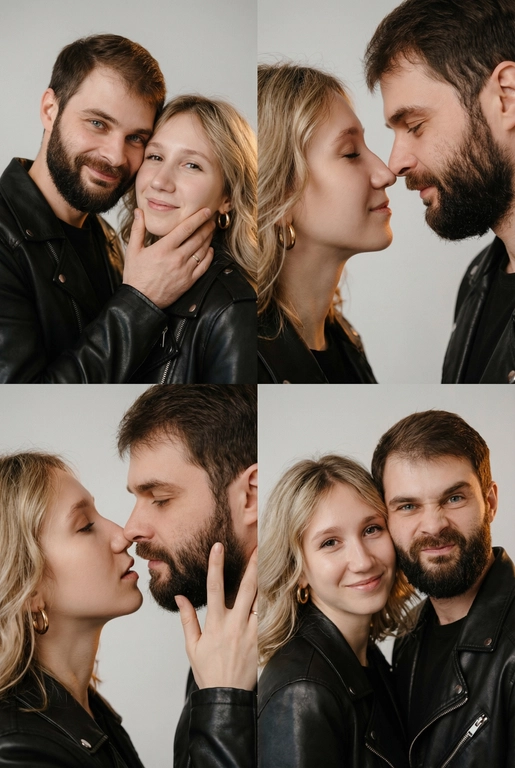 Фотореалистичный кинематографический коллаж в стиле фотобудки 2×2 из четырёх интимных портретов стильной пары крупным планом, расположенных в бесшовной сетке 2×2, на каждом кадре показана разная поза и выражение лица. Лица не меняются.  
  
Вверху слева — крупный план головы и плеч, мужчина нежно обнимает подбородок женщины; вверху справа — интимный профиль «нос к носу»; внизу слева — почти поцелуй с приоткрытыми губами и лёгким касанием щеки пальцами; внизу справа — игривый спонтанный снимок, где женщина смотрит в камеру, а мужчина корчит смешную рожицу.  
  
Обе модели модные и гламурные, тёплый загар с реалистичными бликами, естественная зернистость плёнки и тонкая текстура кожи. Женщина с золотыми серьгами‑кольцами, безупречным гламурным макияжем и блестящими губами; они оба в лёгких черных кожаных куртках; видны ювелирные украшения и фактурные ткани.  
  
Студийный бесшовный светло‑серый фон, мягкий равномерный ключевой свет спереди слева, тёплый вольфрамовый контурный свет справа для разделения, мягкие направленные тени для глубины. Кинематографическая атмосферная цветокоррекция с тёплыми бликами и нейтральными глубокими тенями, эстетика редакционного журнала. Сверхдетализированные пряди волос, реалистичные ресницы и брови, резкие отражения металла и ткани, правдоподобная ретушь журнального уровня, но при этом естественная.