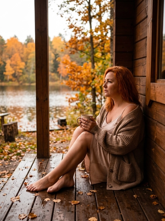 A cozy cinematic photo of a woman sitting on the wooden porch of a rustic lakeside cabin in autumn. She is wearing a cozy oversized knitted cardigan over a light slip dress, holding a warm ceramic mug with both hands. Barefoot, sitting with legs curled up slightly, looking away thoughtfully towards the scenic view of a lake and autumn forest with fallen leaves scattered on the wet wooden floorboards. Soft warm interior lighting blending with overcast daylight, rich warm brown and orange color tones, moody, peaceful, highly detailed, photorealistic.