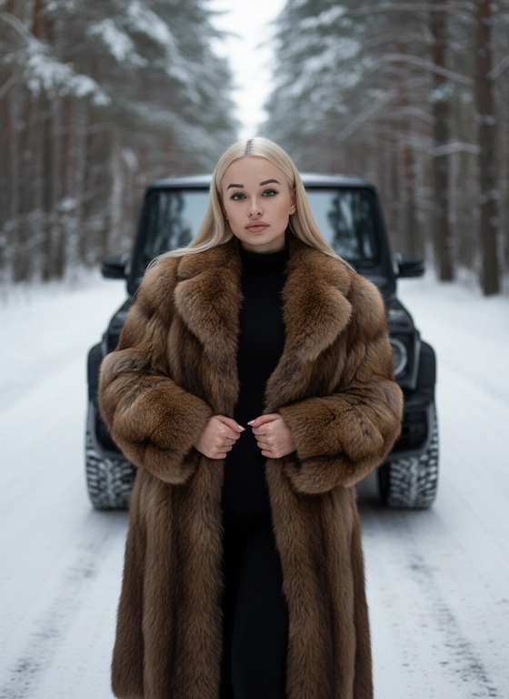 Создай, не меняя черты лица. Реалистичный снимок, высокая детализация лица, кадр на заснеженной лесной дороге при холодном мягком зимнем освещении, подчёркивающем контраст суровой природы и гламура.  
Портретная съёмка. Женщина стоит у машины, смотрит в камеру. На ней чёрный облегающий комбинезон с длинными рукавами и высоким горлом, длинная, объёмная, натуральная меховая шуба коричневого цвета с фактурой, руки перед собой. Свет и тени акцентируют линии тела и стройность позы, мощная машина на фоне сочетает индустриальную холодность с природной суровостью. Снег покрывает землю, создавая контраст тепла меха и мороза, придавая атмосфере таинственность и силу. Цвета — приглушённые тёмные и естественные с акцентом на чёрное и коричневое, как кадр из кинематографичного модного фотопроекта, фотореалистичное, высокая текстурная детализация, 4К. Сзади автомобиль Mercedes‑Benz G 63 AMG