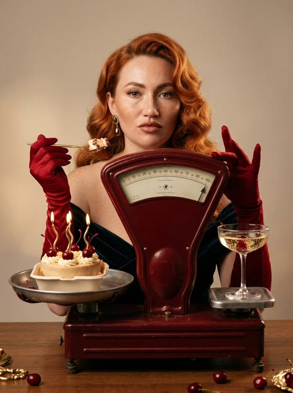 Создай realistic cinematic editorial photo в эстетике винтажной fashion-съёмки с лёгким праздничным настроением.

Вертикальный крупный кадр. Женщина сидит прямо за столом, фронтально к камере, слегка подавшись корпусом вперёд. Перед ней строго по центру композиции стоят крупные винтажные механические двухчашечные весы насыщенного тёмно-красного цвета.

Весы имеют массивное эмалированное красное основание и высокий центральный корпус с плавно сужающейся формой. В верхней части корпуса расположена крупная горизонтальная аналоговая шкала под прозрачным выпуклым стеклом, со светлым циферблатом, чёрными делениями и стрелкой. Это именно измерительная шкала механических весов, НЕ часы и НЕ часовой циферблат. От центрального корпуса горизонтально расходится металлическая балансировочная перекладина, по обе стороны которой расположены две отдельные круглые неглубокие металлические чаши одинакового размера. Чаши находятся на одном уровне, симметрично слева и справа от центрального корпуса. Все детали конструкции физически правильные, цельные и реалистичные, без лишних рычагов, дополнительных чаш, стрелок или деформированных металлических элементов.

Женщина находится непосредственно позади весов, её лицо расположено над центральной аналоговой шкалой. Плечи почти фронтально к камере. Одна рука согнута и поднята к лицу: в ней женщина держит маленькую золотую ложечку с кусочком торта прямо возле губ. Вторая рука поднята с противоположной стороны, локоть согнут, кисть находится рядом с верхней частью весов на уровне шкалы, пальцы расслаблены и элегантно вытянуты. Поза симметрично обрамляет центральные весы и выглядит спокойно, уверенно и постановочно. Взгляд направлен прямо в камеру, выражение спокойное и уверенное.

На женщине тёмное платье с открытой линией плеч, длинные красные перчатки и небольшие винтажные серьги.

На левой для зрителя металлической чаше весов стоит небольшой праздничный бенто-торт на тонкой подложке, покрытый светлым кремом и украшенный сверху свежими тёмно-красными вишнями. В торт вставлено несколько тонких волнистых горящих свечей.

На правой для зрителя чаше стоит винтажный бокал coupe для шампанского на тонкой ножке, наполненный светлым игристым напитком. Внутри бокала находится одна спелая красная вишня.

На столе лежат несколько отдельных вишен и небольшие золотистые декоративные детали, без визуального перегруза.

Главный центр композиции: женщина, крупные красные механические весы, торт и бокал. Центральный корпус весов находится точно перед женщиной и визуально делит композицию на две симметричные части.

Фон светлый, нейтральный. Свет тёплый и направленный, мягко подсвечивает лицо, красную эмаль весов, металлические чаши, стекло бокала, крем торта и вишни. Свечи дают небольшие живые янтарные блики.

Цветокоррекция приглушённая в стиле ретро: глубокий красный, кремовый, шампань, тёплый бежевый и небольшие золотистые акценты. Без чрезмерного оранжевого свечения.

50–70 mm lens, f/2.8–3.5, ISO 200–400, 1/160 s. Резкость на лице женщины и центральной аналоговой шкале весов, торт и бокал хорошо читаются, фон немного мягче. Лёгкое натуральное плёночное зерно.

Максимальный фотографический реализм: натуральная кожа, настоящая красная эмаль, состаренный металл и стекло механических весов, реалистичные вишни, крем, стекло и шампанское, правильная анатомия рук. Весы должны выглядеть как настоящий цельный винтажный механический прибор с двумя чашами, без деформаций и невозможной конструкции. Без CGI, без AI-глянца, без лишних надписей и логотипов.

Причёска: Волосы уложены в мягкие объёмные винтажные волны с аккуратным боковым пробором. Укладка выглядит элегантно и женственно, с плавным блеском и деликатным объёмом у корней. Длина и цвет как на фото