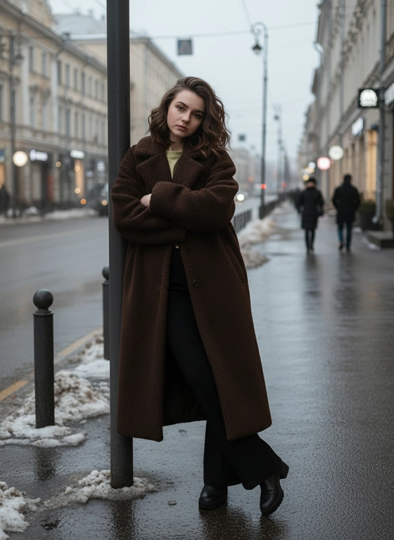 A woman stands on a city street in winter, leaning her shoulder against a metal pole. Her body is slightly turned toward the camera, her arms are crossed over her chest and tucked into her sleeves. One leg is extended forward and bent at the knee. Her head is slightly tilted to the side, her gaze is directed downward and to the side. This full-body shot is taken at an eye-level angle. The composition is shifted to the right, the pole divides the frame vertically, the street line recedes into the distance to the left, and the background is filled with building facades and passersby, partially blurred.

Skin is even with a natural, cool tone, matte finish without a pronounced shine, soft, natural makeup with delicately blended eyeshadow, long eyelashes, and a matte lipstick in a muted pink-nude shade.

Hair is loose, styled in voluminous waves, with a pronounced texture, strands fall freely around the face and shoulders, styled loosely with moderate volume at the roots.

She is wearing a long, dark brown, voluminous coat made of a dense, textured fabric with a fuzzy surface. The cut is straight, below the knee, with wide, slightly elongated sleeves. She is wearing black, flared trousers made of a dense fabric. She is wearing dark, smooth-heeled shoes with a sturdy surface.

The location is Russia, a city street with wet asphalt and remnants of snow along the edges. Multi-story buildings with storefronts and signs stand in the background. Black bollards line the sidewalk, reflecting the light. The sky is gray and cloudy, with a light layer of snow on the curbs and the base of the bollard. The lighting is natural, diffused, and overcast. The light is soft and even, the shadows are faint and low-contrast, the overall contrast is moderate, the background is slightly darkened, and the figure is highlighted by the lighter color of the coat. There is a slight atmospheric haze in the distance. Highly detailed, photorealistic, shot with an 85mm lens, moderate depth of field with sharp focus on the model, softly blurred distant background, detailed textures of the coat, wet asphalt, and snow.

Moody urban winter mood,
cool muted color palette,
low to medium contrast lighting,
slightly desaturated tones,
soft overcast daylight,
subtle shadow definition,
natural cool skin tones,
wet surface reflections,
light atmospheric haze,
cinematic street color grading.