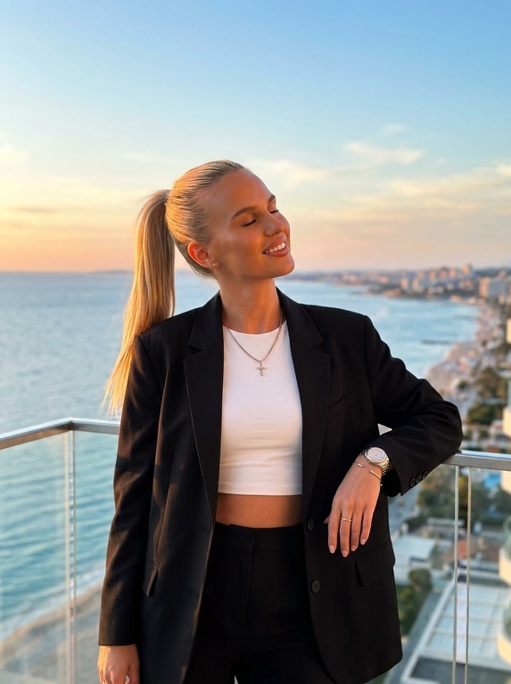 ultra realistic luxury sunset portrait of a woman standing on a balcony with ocean view,  candid instagram aesthetic, taken on iPhone 16 Pro Max. woman standing relaxed near glass railing, body slightly turned sideways, one arm resting on railing, eyes closed enjoying warm sunlight, elegant feminine posture.
outfit: oversized black blazer, fitted white crop top, elegant black trousers, luxury minimal jewelry and watch, classy old money aesthetic.
makeup: soft glam makeup with glowing bronzed skin, natural contour, sharp brows, long lashes, realistic skin texture and warm sunlight highlights.
lighting: warm golden hour sunlight, cinematic sunset glow, realistic natural shadows, soft highlights on hair and skin, luxury evening atmosphere.
background: ocean view, soft cloudy sunset sky, blurred city coastline and road below, cinematic depth, warm dreamy aesthetic.
camera: realistic iphone portrait shot, 50mm lens look, shallow depth of field, focus on woman with softly blurred background.
important: ultra realistic iphone photography, candid luxury influencer vibe, cinematic rich girl aesthetic, natural body proportions, realistic skin texture, film look, no overprocessed ai skin.

Какая будет прическа? : Волосы уложены в высокий хвост