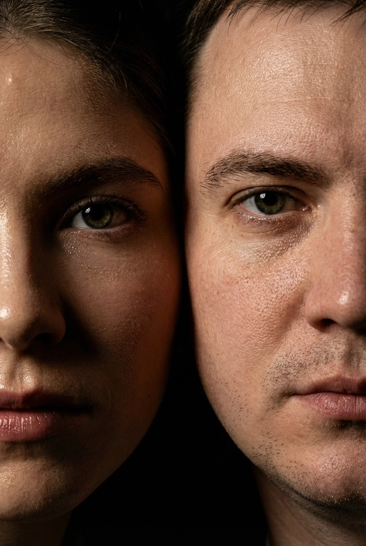   создай портрет, не меняя черты лица. Крупный план (extreme close-up) двух лиц людей, их лица прижатых друг к другу. Видны только половины каждого лица.
Драматичное освещение в стиле чиароскуро, глубокие тени.
Невероятная детализация кожи: видны поры, текстура, естественный блеск у женщины.
Выразительный взгляд прямо в камеру. Высокое разрешение, макросъемка, профессиональное студийное фото, 8K.