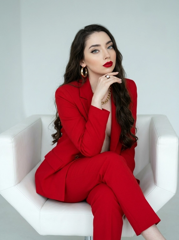 Фото выполнено в стиле Vogue, с высокой чёткостью и элегантной эстетикой высокой моды. Женщина сидит белом минималистичном кресле с прямыми широкими подлокотниками, низкой спинкой и мягкой кожаной обивкой, строгая геометричная форма, на светлом минималистичном фоне. Поза расслабленная, но уверенная и собранная: корпус слегка развёрнут в сторону, ноги элегантно скрещены, одна рука мягко лежит на колене, пальцы расслаблены, вторая рука согнута в локте, кисть поднята к лицу, подбородок опирается на тыльную сторону ладони. Взгляд прямой, сосредоточенный и уверенный, создающий ощущение силы и утончённости. Женщина развёрнута в 3/4.

На женщине костюм, состоящий из пиджака и брюк, с чистым классическим кроем. Пиджак сидит по фигуре, подчёркивая силуэт, и надет без рубашки или топа underneath, создавая дерзкий и современный fashion-образ. Брюки в тон пиджаку, элегантные и без лишнего объёма.

Из украшений — крупные золотые серьги-кольца, массивная золотая цепь на шее и крупное золотое кольцо, что добавляет роскоши и завершённости образу. Макияж выполнен в чистой гламурной эстетике: тонкие чёрные стрелки, длинные ресницы, выразительные брови, деликатный хайлайтер и насыщенная матовая красная помада.

Съёмка выполнена на профессиональную камеру с высокой детализацией, чтобы отчётливо читались текстура ткани, макияж, украшения и кожа. Освещение мягкое, направленное и чистое, подчёркивает лицо, губы и золотые аксессуары, создавая лёгкий объём и благородный контраст с минималистичным светлым фоном. Атмосфера дорогой студийной fashion-съёмки, сдержанной, элегантной и уверенной. Без надписей.


Какая будет прическа?: Не изменять мою прическу

Какого цвета будет костюм?: Ярко-красный