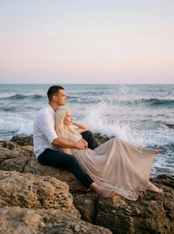 Это романтичный кадр, похожий на снимок из свадебной фотосессии или фотосессии для пары. Два человека сидят на скалистом берегу, лицом к океану. Женщина лежит, опираясь на руки, в светлом, развевающемся платье. Мужчина сидит рядом, обнимая её, в белой рубашке с длинными рукавами и тёмных брюках. Пара смотрит в сторону моря. Волны разбиваются о берег на заднем плане. Цветовая гамма приглушенная, с преобладанием пастельных оттенков розового и голубого в небе, а также серых и синих тонов в воде и коричневых в скалах. Атмосфера спокойная и умиротворяющая. Не менять прическу и сохранить черты лица .