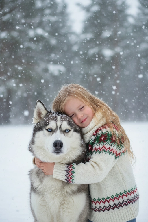 Соответствие лица: сохраняйте точные черты лица, структуру костей, разрез глаз, форму губ, текстуру кожи и оттенок по загруженной фотографии, максимально соответствует индивидуальности] -> Человек с мягкой улыбкой, полузакрытыми от счастья глазами -> нежно обнимает собаку, щека прижата к пушистой шее собаки, обе руки обвиты вокруг груди и шеи собаки, снежинки тают на шерсти и волосах., нежное, любящее выражение лица -> в кремово-белом толстом свитере скандинавской вязки с традиционным красно-зеленым рождественским рисунком на рукавах и воротнике,  в белом вязаном шарфе, свободно повязанном на шее -> на улице в сильный снегопад. В кадре видно морду собаки. Собака породы сибирский хаски.