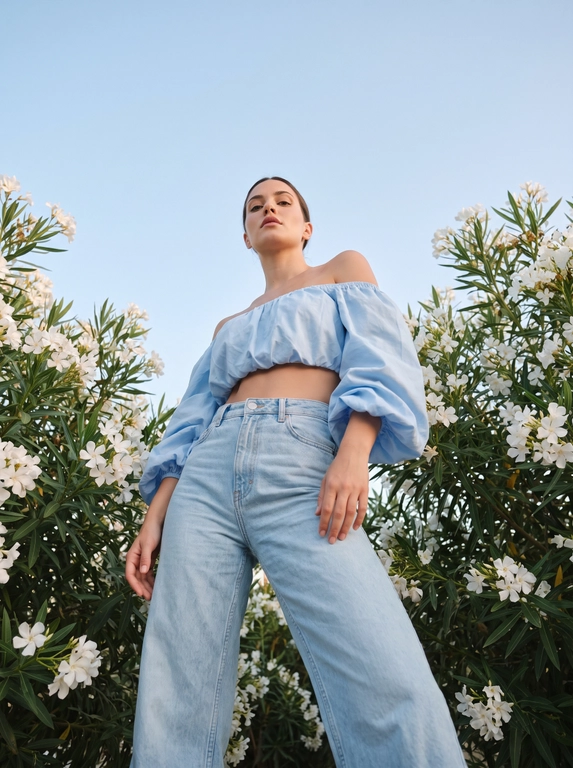 Фотореалистичная летняя fashion-съёмка женщины среди цветущих белых олеандров в средиземноморском стиле. Камера расположена очень низко, практически на уровне талии женщины, и направлена вверх под углом около 65 градусов. Выраженный low-angle shot. Женщина возвышается над камерой и занимает центральную часть кадра. Корпус слегка развёрнут в сторону. Одна рука расслабленно опущена вдоль тела и касается пояса, вторая рука свободно согнута перед собой в естественной fashion-позе. Голова слегка поднята вверх. Женщина смотрит поверх камеры уверенным расслабленным взглядом. Макияж в стиле clean girl aesthetic: натуральные брови, лёгкий контуринг. Женщину со всех сторон окружают густые ветви белого цветущего олеандра. Цветы и листья образуют естественную рамку вокруг модели. Большая часть верхней половины кадра заполнена чистым светло-голубым небом. Съёмка ведётся объективом 35mm. Естественное мягкое вечернее освещение перед закатом, без жёстких теней. Высокая детализация кожи, ткани, цветов и листвы. Кинематографичная обработка в стиле Mediterranean summer editorial, soft film look, Kodak Portra 400 color grading, пастельные голубые и кремовые оттенки, мягкий контраст, лёгкое плёночное зерно, effortless luxury aesthetic, vacation fashion photography, candid editorial style, ultra realistic details.

Какая будет одежда? : На ней укороченный голубой топ с открытыми плечами и объёмными короткими рукавами, светло-голубые широкие джинсы с высокой посадкой.

В очках или без?: Без очков